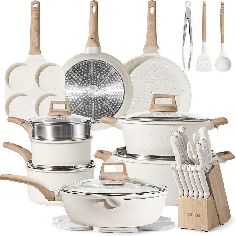 CAROTE 35pcs Pots and Pans Set, Nonstick Cookware Sets with Knife Block Set — Pans, knives, coffee gear, and kitch for