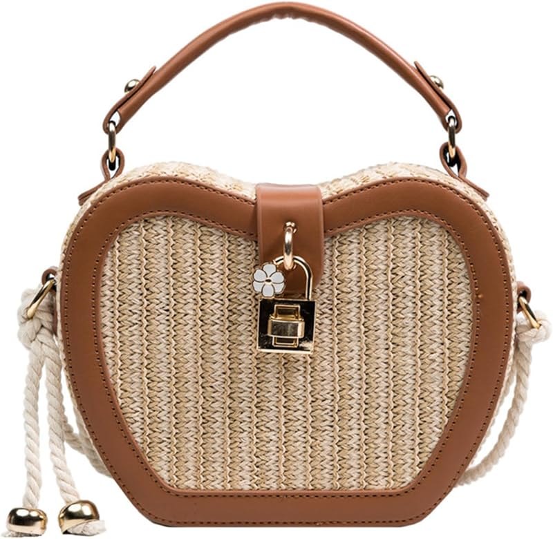 Beach Straw Purse for Women Crossbody Straw Beach Cute Tote Brown Woven Basket Purse Vacation Handbag Shoulder Bag —