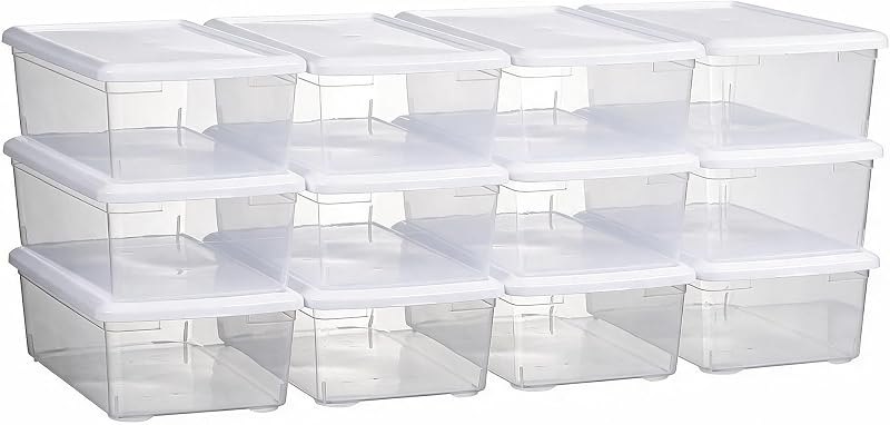novelinks 12 Pack 6QT Plastic Storage Bins with Lids, Shoe Boxes (White) — clear storage bins with lids for clear