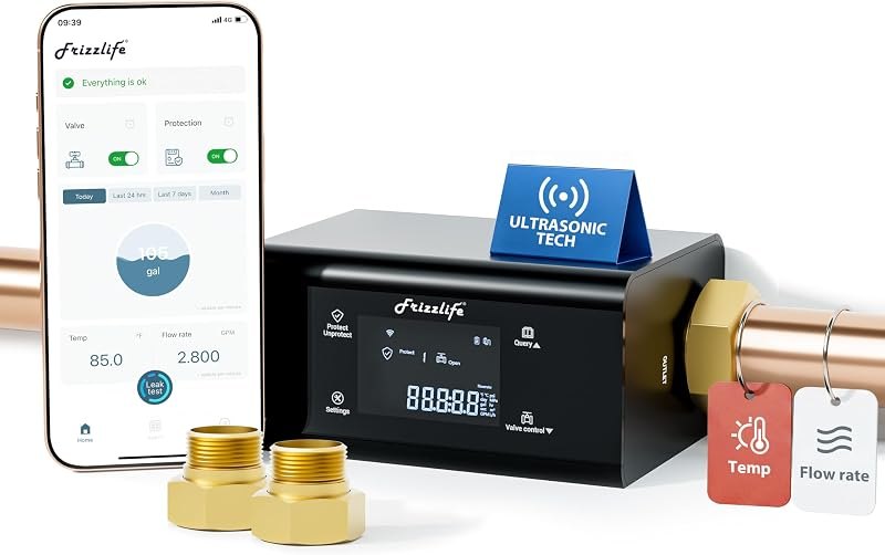 Frizzlife LP365 Smart Water Monitor and Automatic Shutoff Valve - 0.01GPM Ultrasonic Micro Leak Detection, APP Wi-Fi