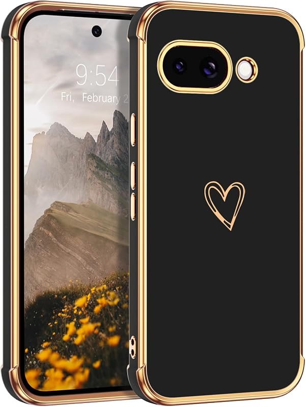 BENTOBEN for Google Pixel 9a Case, Cute Heart Luxury Gold Plating Slim Flexible TPU Bumper Protective Pixel 9a Cover