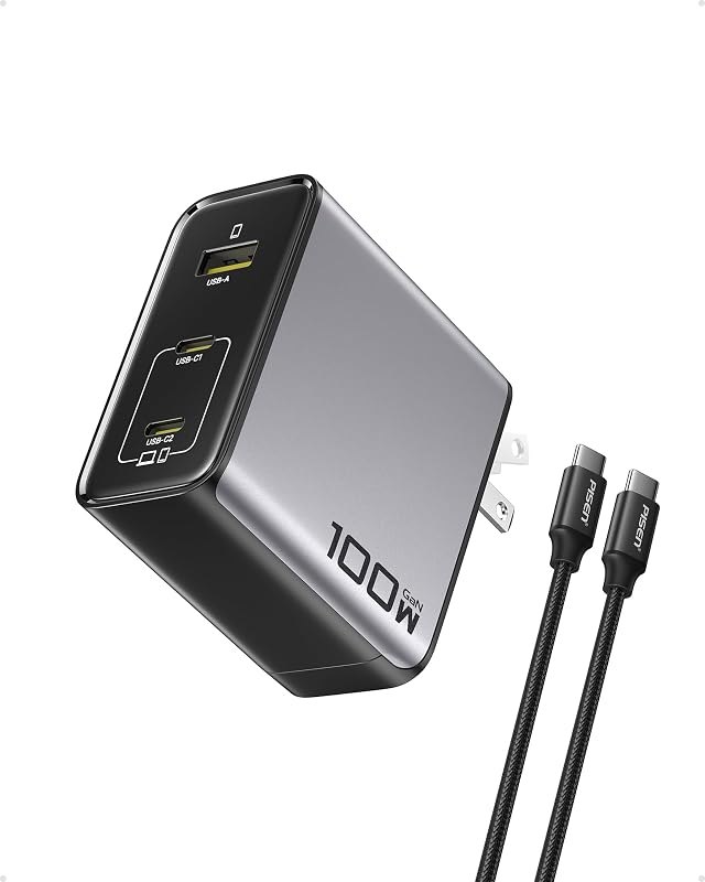 PISEN 100W USB C Charger - 3-Port 100W GaN USB C Charging Block Fast Charging, 100Watt Charging Block with 6FT Type C
