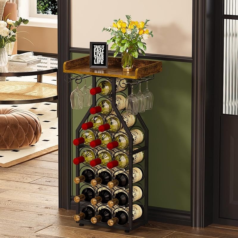 X-cosrack Wine Rack Freestanding Floor, Wine Storage Rack Mini Bar Table with Tabletop, Glass Holder Wine Bottle