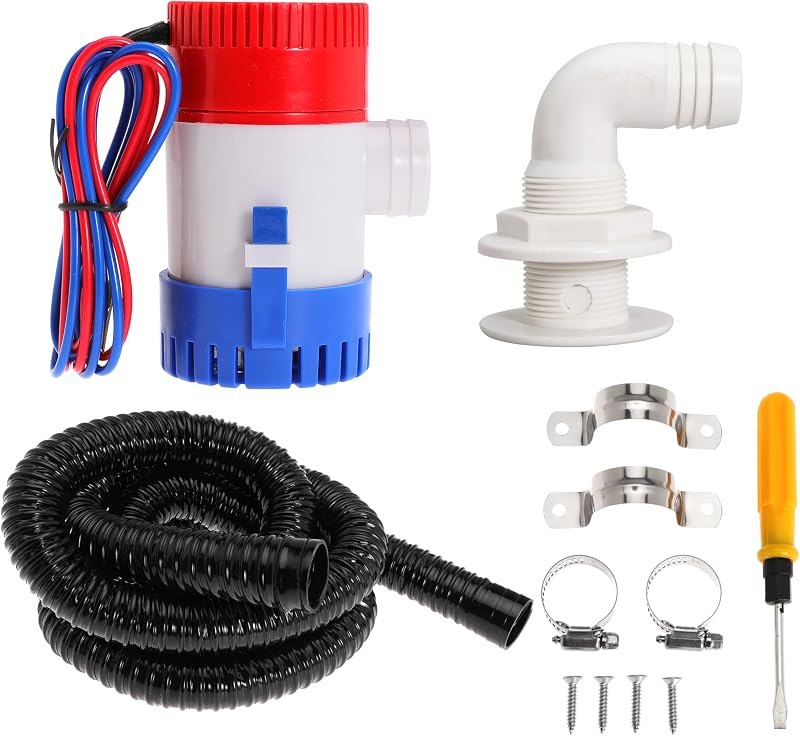 Boat Bilge Plumbing Kit 1-1/8 Inch Dia 12V Non-automatic Bilge Pump kit 1100 GPH with 6FT PVC Bilge Pump Hose (90