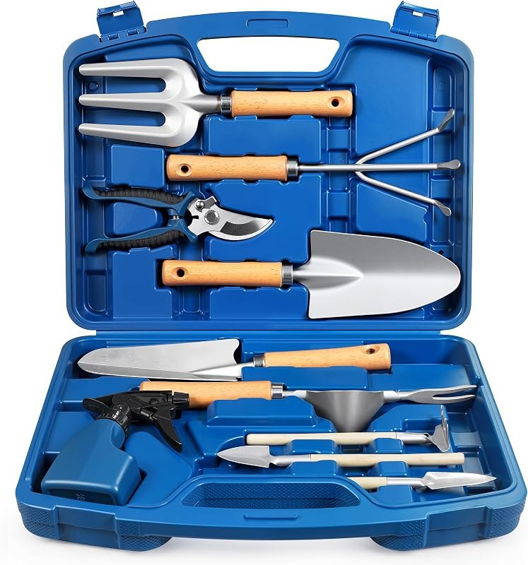 Grenebo 12-Piece Gardening Tools Set with Hard Storage Case, Blue — Hoses, pruners, and beds that surviv for hoses