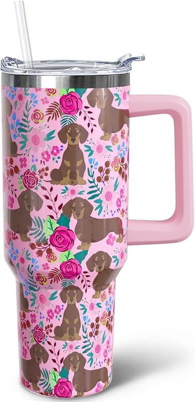 40 oz Dachshund Tumbler with Handle, Insulated Stainless Wiener Dog Tumbler Coffee Travel Mugs Cup Water Bottle