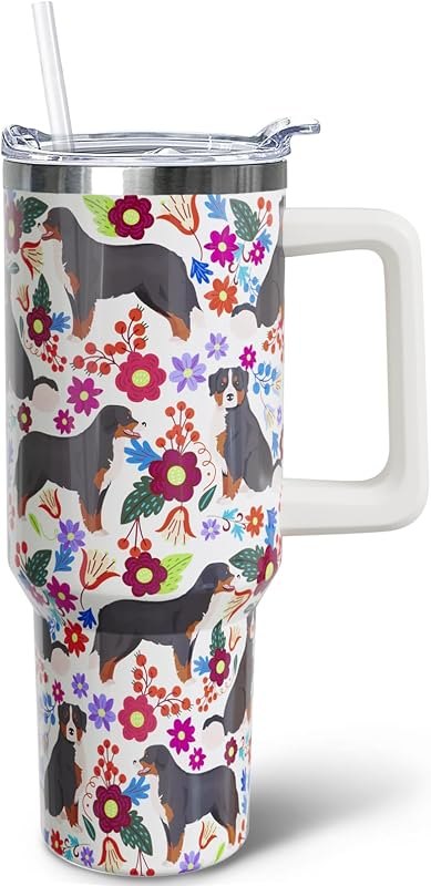 40 oz Bernese Mountain Dog Tumbler with Handle, Insulated Cup Bernese Mountain Lovers Gifts — insulated tumbler handle