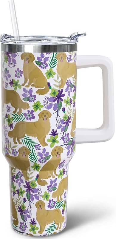 40 oz Golden Retriever Tumbler with Handle, Insulated Stainless Dog Tumbler Coffee Travel Mugs Cup Water Bottle Golden