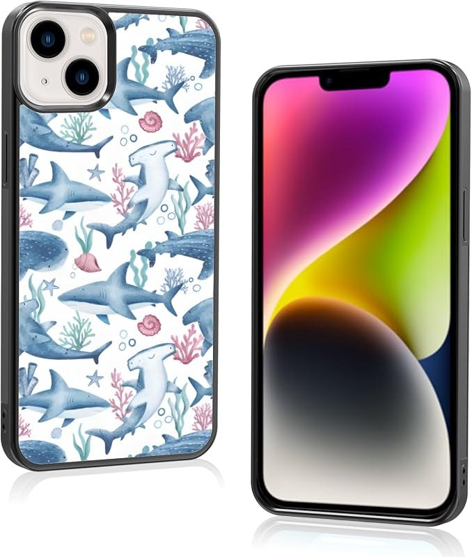 Aesthetic Ocean Themed Sharks Phone Case Compatible with iPhone 14 Plus Case 6.7 Inch, TPU Shockproof Protection Cute