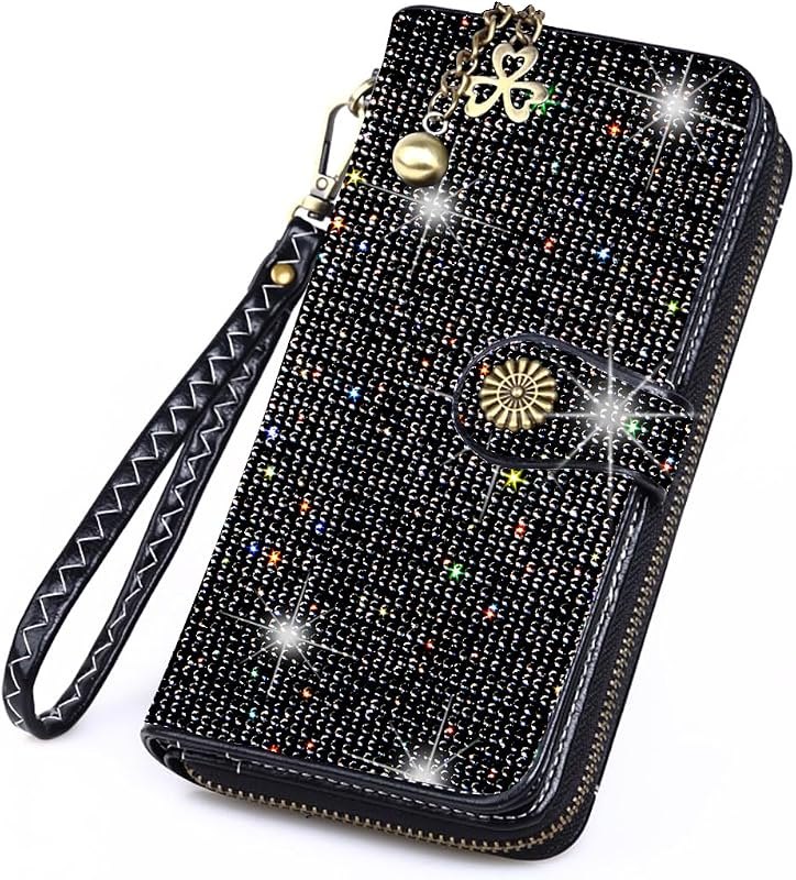 Bling Rhinestone Womens Wallet Wristlet Clutch Handbags Sunflower Lucky Purse Credit Card Holder Large Capacity —
