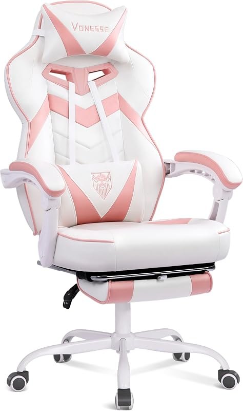 Vonesse Gaming Chair, High Back Pink Gaming Chair with Footrest and Massage, Gaming Chairs for Adults with Pocket