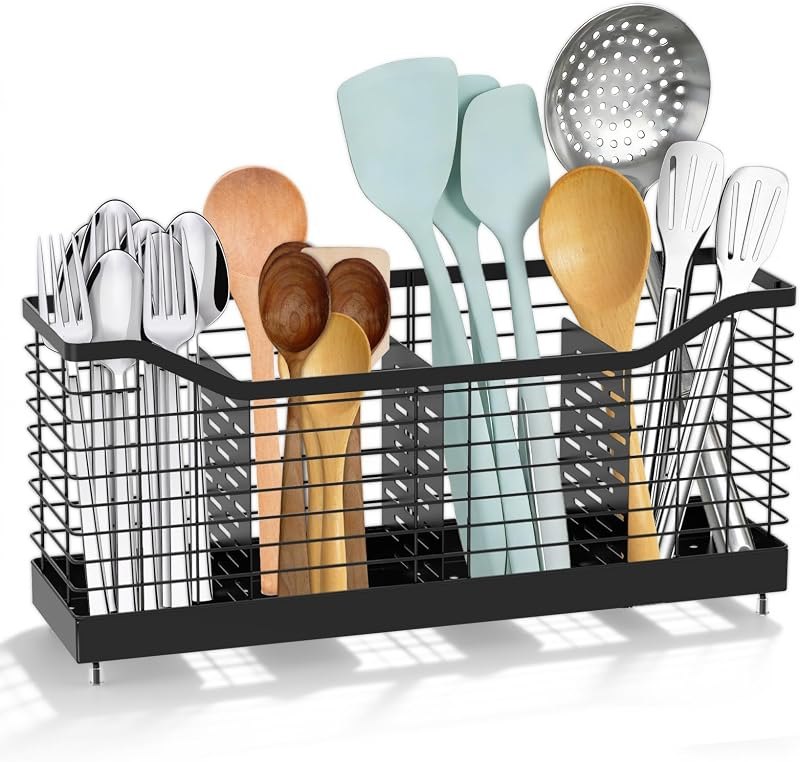 Metal Extra Large Utensil Holder for Kitchen Counter, 4-Compartment Utensil Drying Rack Cooking Utensil Holder