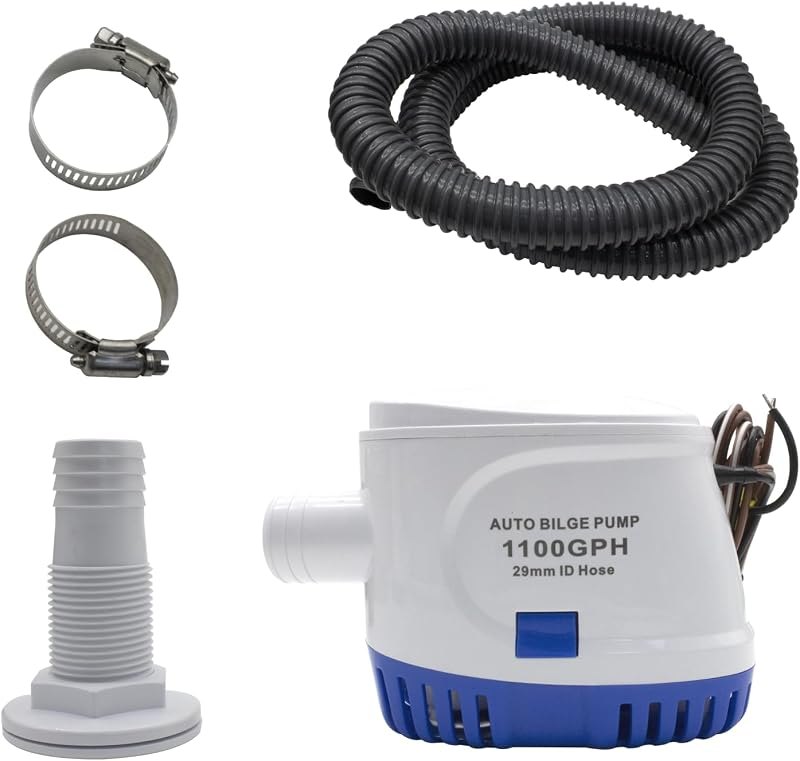12V 1100 GPH Automatic Bilge Pump Kit with 1-1/8" Hose, Thru-Hull Fitting & Stainless Clamps, Submersible Boat Marine