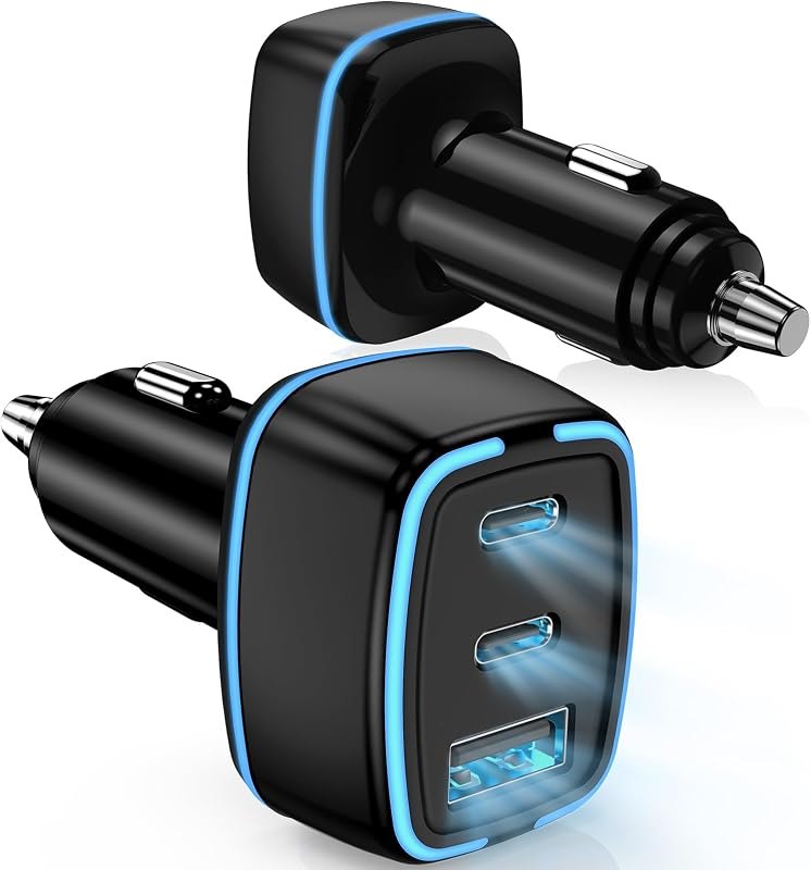 USB C Car Charger, 3 Port PD Super Mini Cigarette Lighter Adapter, 2Pack USB-C & A Fast Car Charging for iPhone 16/15