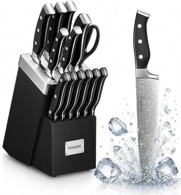 Knife Set, FOHERE 14 Pieces Self Sharpening Knife Block Set, High Carbon Stainless Steel Waved Pattern Knife Set with