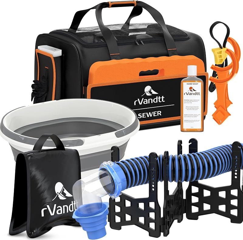 RV Sewer Accessories Kit - 15ft Sewer Hose w/4in1 Adapter, Stand, Collapsible Bucket, Nitrile Gloves, Hand Cleaner