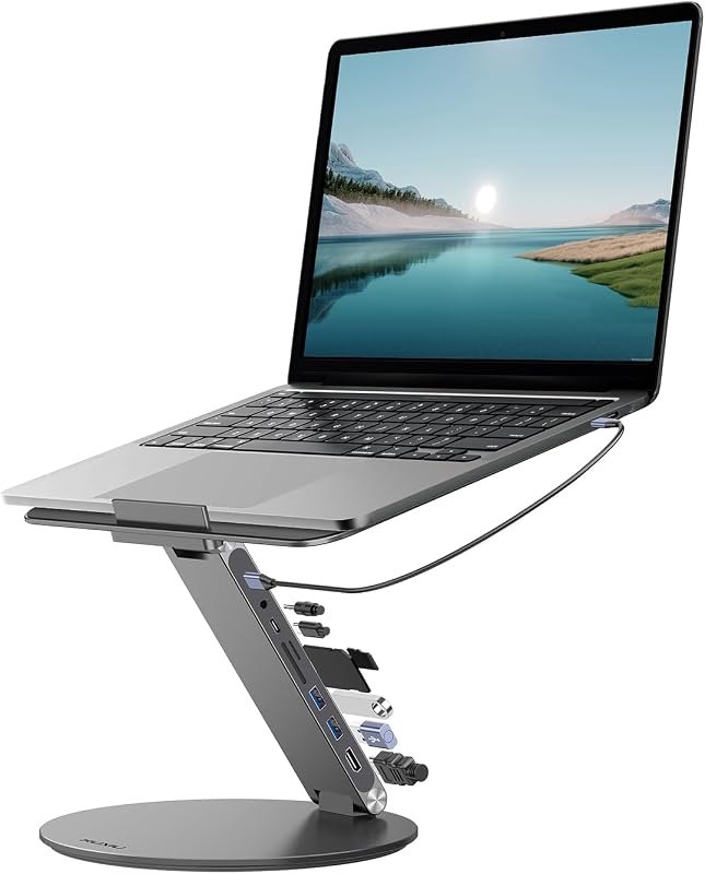 KU XIU Adjustable Laptop Stand with 8 in 1 USB C Hub, Foldable Portable Computer Notebook Stand with 360° Rotating