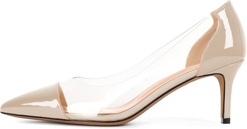 Women's Pointed Toe Cap Clear Stilettos Pumps Transparent PVC Vamp Mid Heels Slip on Wedding Dress Work Shoes 2.5 Inch