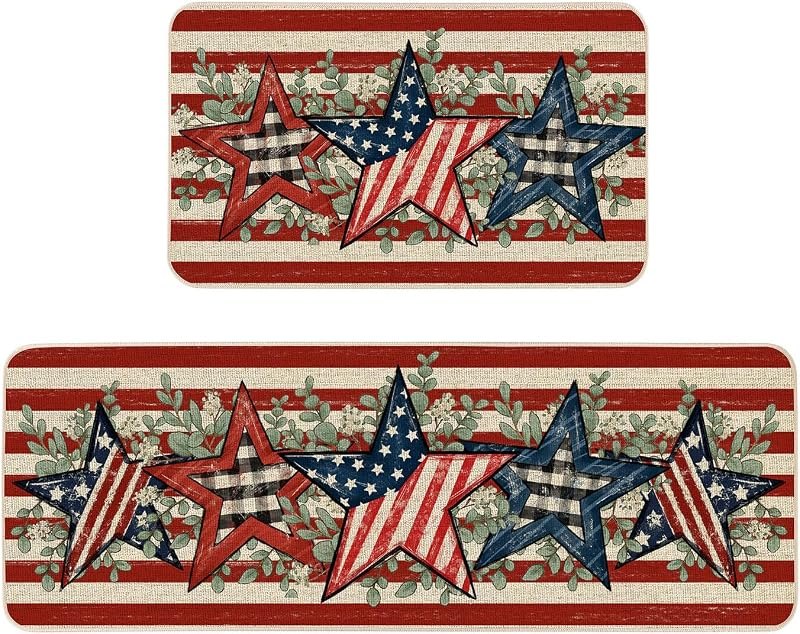 Moutina American Flag Stars Eucalyptus 4th of July Kitchen Rugs Set of 2, Memorial Day Independence Day Patriotic Home