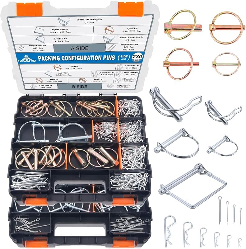 230Pcs Heavy Duty Pin Assortment Kit, 3 Point Accessories — Hitch pins, PTO, fence, and tractor for hitch pins pto fence