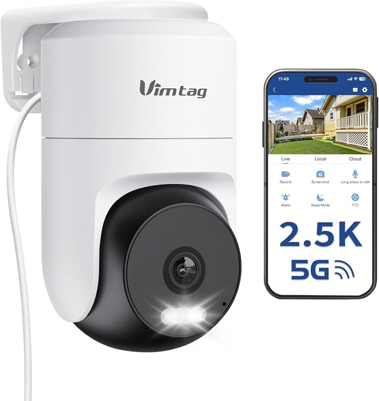 VIMTAG Pan/Tilt Outdoor Security Camera, 2.5K 4MP WiFi Home CCTV Camera, 360° View & Motion Tracking, Color Night
