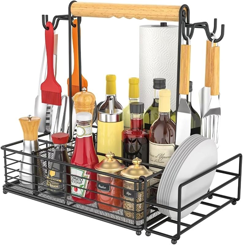 Large Grill Caddy with Paper Towel Holder & Side Hooks, All-in-One BBQ Tool Organizer with Adjustable Dividers