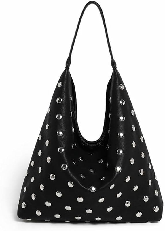 Studded Hobo Bags for Women Soft Vegan Leather Studded Shoulder Handbag Slouchy Tote Purses — shoulder bag purse for