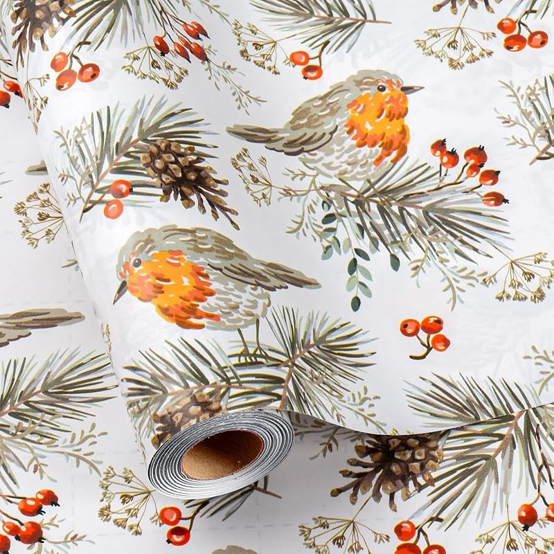 MAYPLUSS Christmas Wrapping Paper Roll - 17 In x 33 Feet - Cute Watercolor Bird Pinecone Gift Wrap Paper for New Year