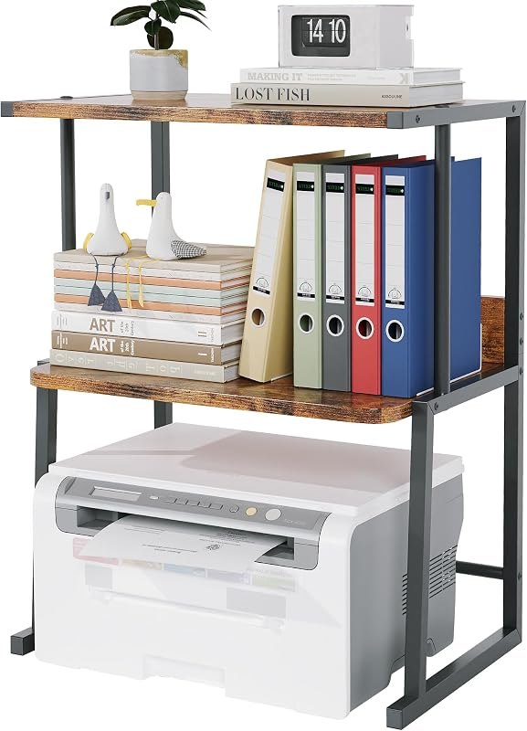Homeiju 3-Tier Printer Stand for Desk, Desktop Printer Shelf, Heavy Duty Metal Frame Wood Shelf for Home Office Holds