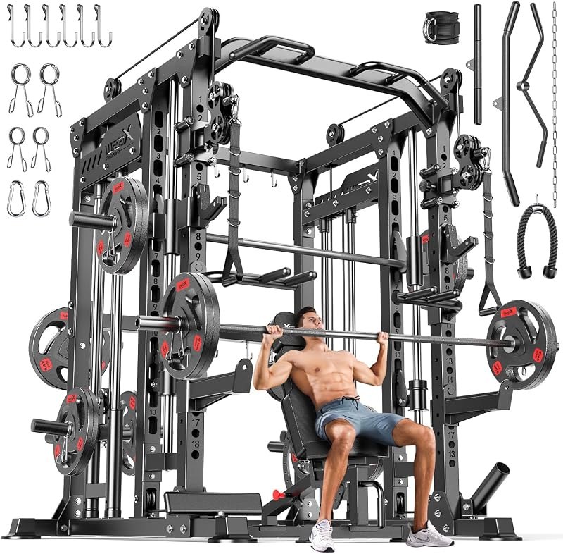 Smith Machine with Cable Crossover System, Multi-Function Power Cage Squat Rack for Home Gym, Power Rack and Packages