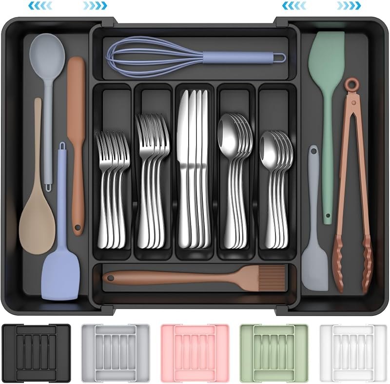 ukeetap Extra Large Expandable Silverware Organizer, Flatware Tray, Black — Pans, knives, coffee gear, and kitch for
