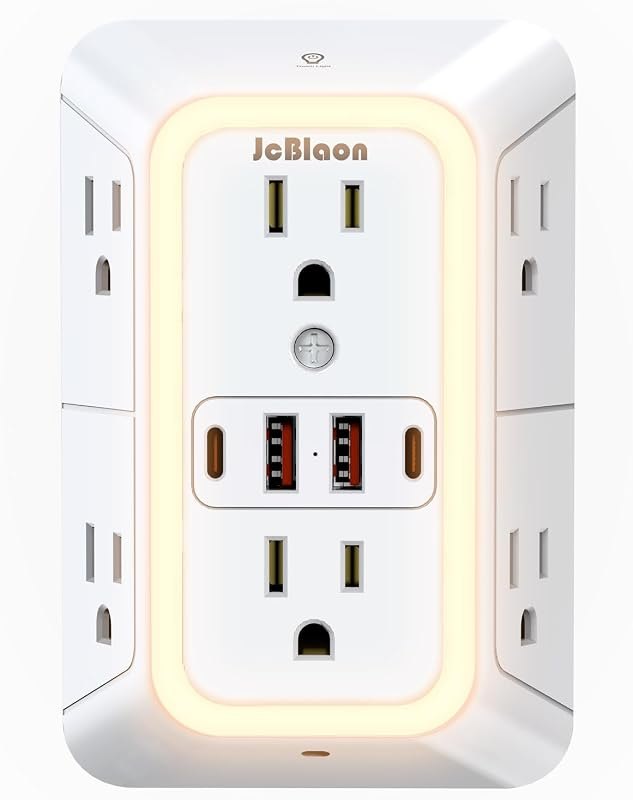 Wall Outlet Extender with Night Light, Power Plug Adapter 6 Outlet Extender with 4 USB Charging Ports 1050J Power