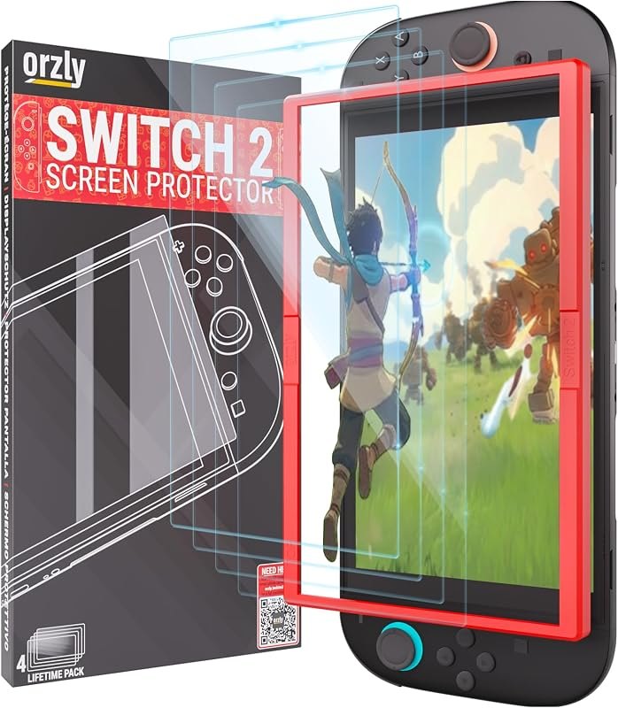 Orzly Glass Screen Protector for Nintendo Switch 2 Console 2025 Screen Size 7.9 inch 4 Pack. No Bubbles Easy