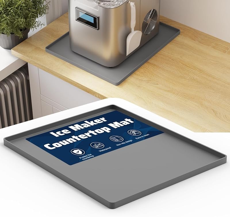 Ice Maker Countertop Mat, 12 x 10 Inch Silicone Protective Mat for Portable Mini Counter Top Nugget Ice Maker, Drain