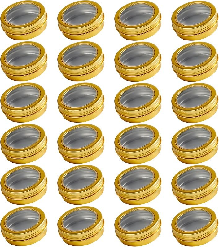 2 oz (60ml) Gold Aluminum Tins with Clear Lids and Labels, 24 Pack