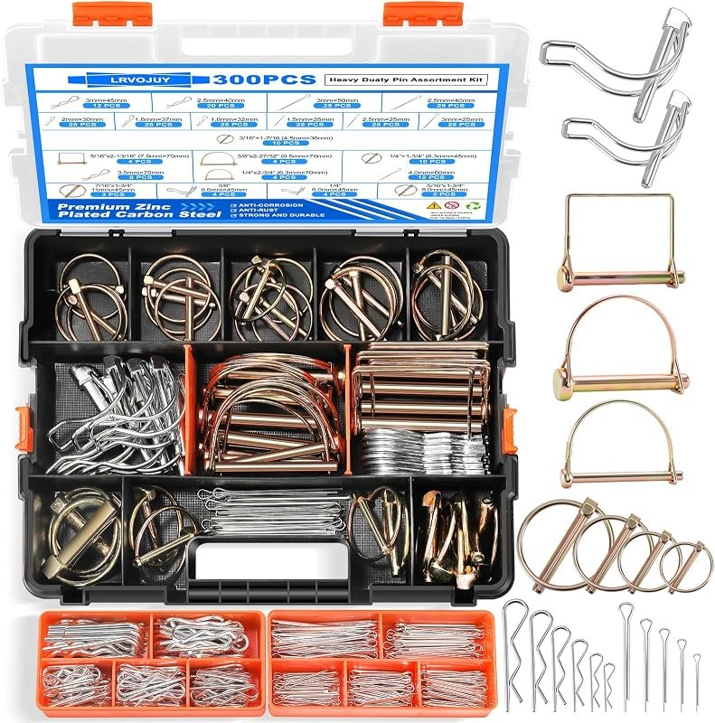 300PCS Heavy Duty Pin Assortment Kit, Tractor Linch Pins Hitch Pins PTO Pins R Clips Cotter Pins Hair Pins Square Pins