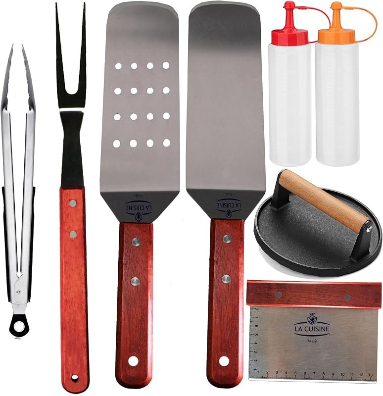 La Cuisine 8 Piece Flat Top Griddle BBQ Accessories Kit with Solid & Perforated Spatulas, Fork, Tong, Cast Iron Meat