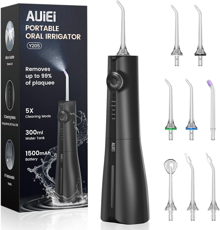 AUIEI Water Flosser Pick for Teeth & Braces, 300ML Cordless Power Dental Flossers with 8 Jet Tips, Oral Irrigator 5