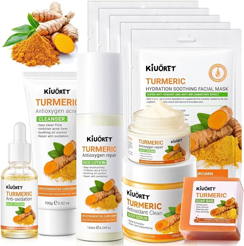 Turmeric Skin Care Set for Women - 11 PCS Turmeric Skincare Set with Cleanser, Soap, Scrub, Face Serum, Lotion, Cream