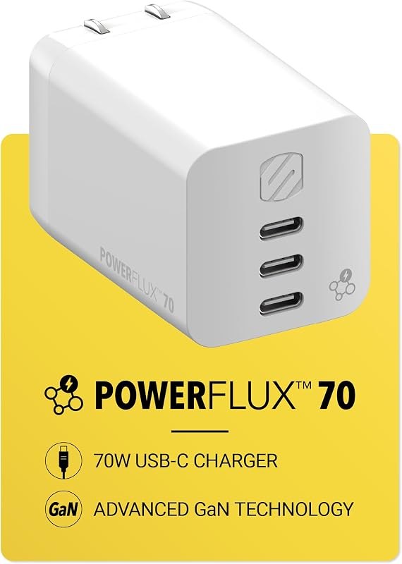 Scosche PowerFlux 70W 3 Port USB C Charger Block for Multiple Devices, Fast Charging GaN USB Wall Charger with Power