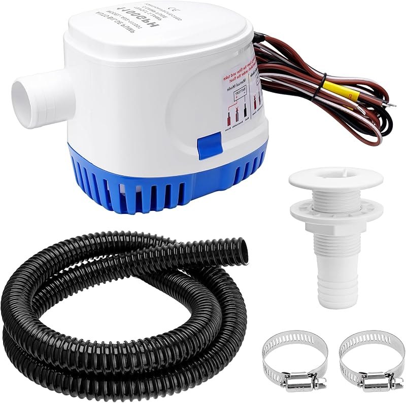 1100GPH 12V Automatic Boat Bilge Pumping Kit, 1-1/8 Inch Electric Bilge Water Pump, 6FT Hose, 2 Stainless Steel Hose