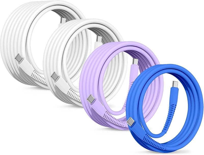 60w USB C Cable for iPhone 17e, 4Pack 3/6/6/10Ft Purple-Blue-White-White — car charger for iphone pro max charger