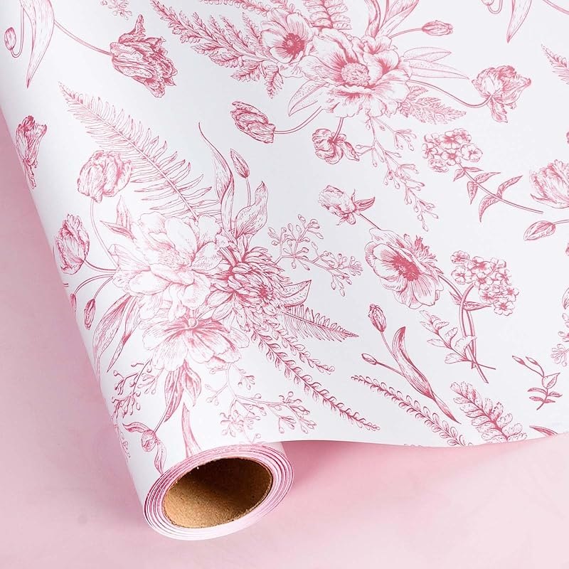Yarcony Pink Floral Gift Wrapping Paper, Vintage Toile Floral Pink Gift Wrap for Girls Women Birthday,Wedding