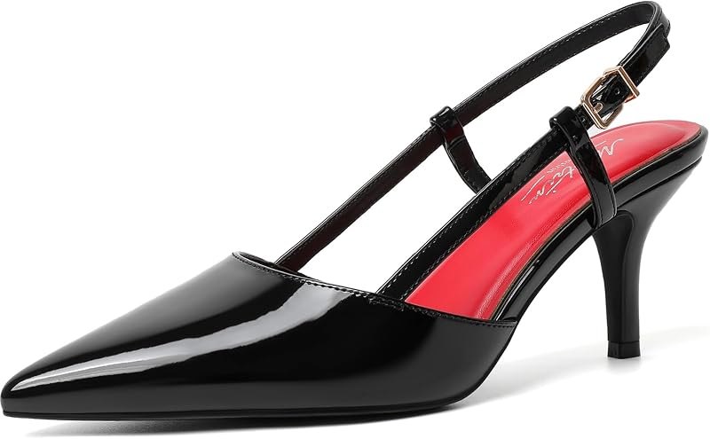 Black Slingback Kitten Heels for Women Mid Heel Patent Leather Pumps Closed Pointed Toe Sexy Stiletto 3 Inch Dress