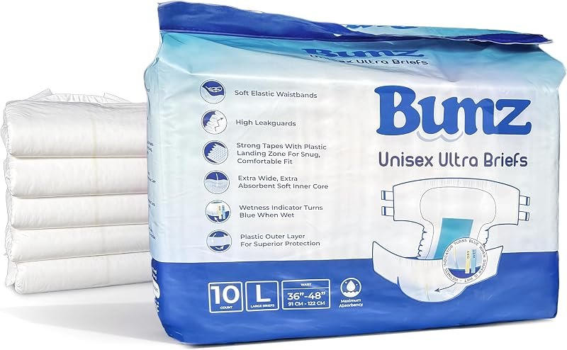 Bumz Maximum Absorbency Adult Diapers for Incontinence. Large (36"-48"). White, 10 Count — Highest Rated Adult Diapers