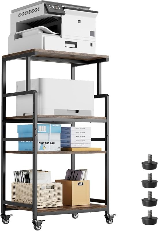 Aquzee 4-Tier Printer Stand, Large Printer Table with Wheels, Open Printers Table for Home Office, Rolling Printers