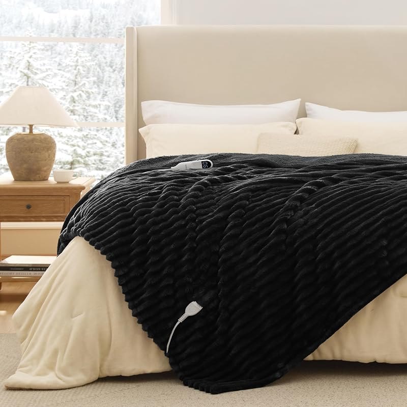 Bedsure Thick Electric Blanket Twin, Heated Blanket Throw, Preheat, Black — low EMF heated throw for low emf heated