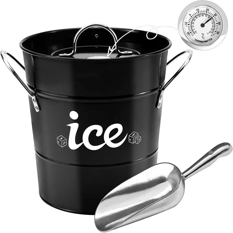 Double Wall Ice Bucket with Thermometer, Metal Wine Chiller Bucket with Lid & Scoop - for Champagne, Wine, Cocktails