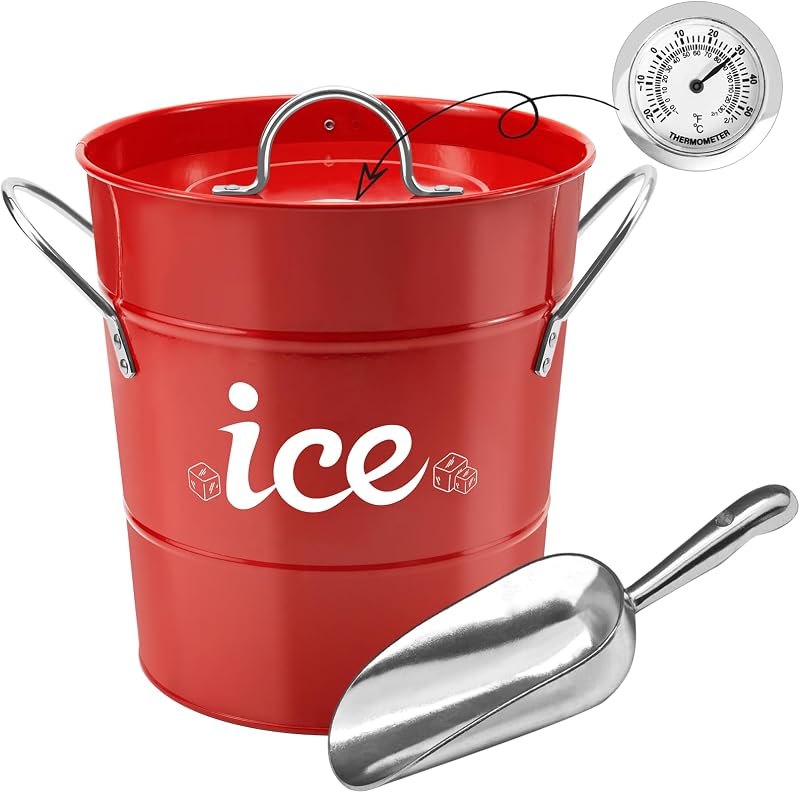 Double Wall Ice Bucket with Thermometer, Metal Wine Chiller Bucket with Lid & Scoop - for Champagne, Wine, Cocktails