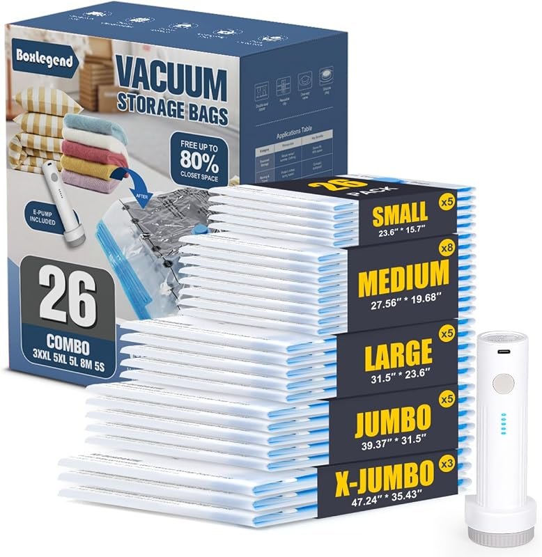 BoxLegend Vacuum Storage Bags with Electric Pump 26 Combo (3X-Jumbo, 5 Jumbo, 5 Large, 8 Medium, 5 Small) Thickened